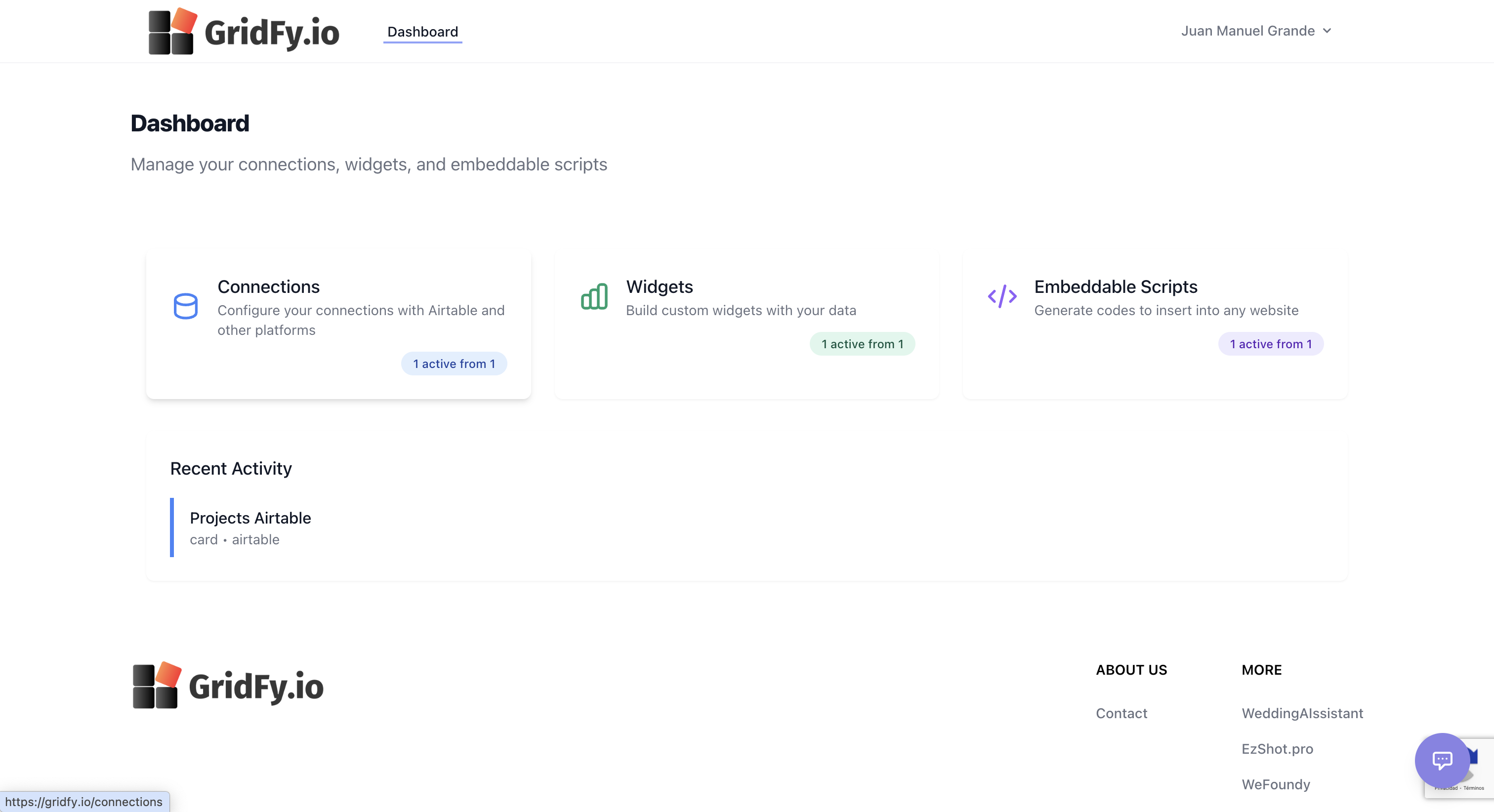Dashboard screen accessed to create new connections